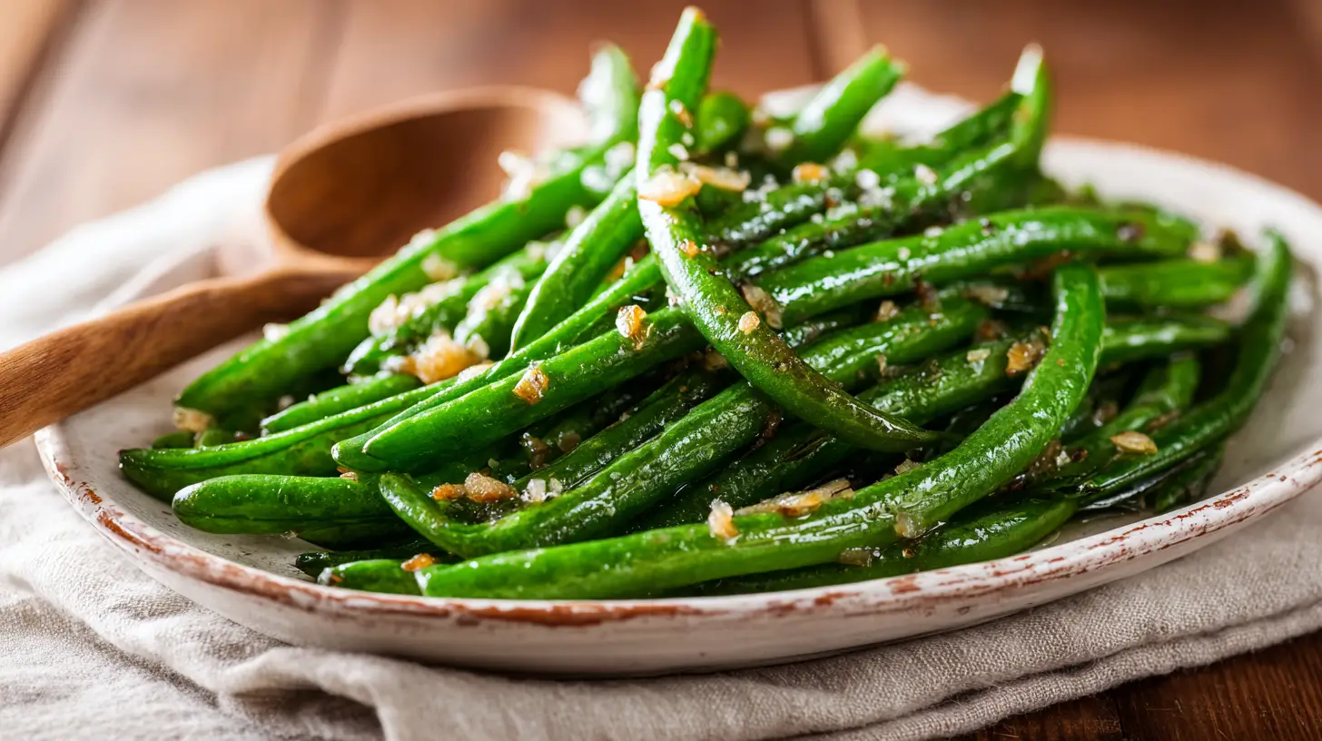 Close-up of sautéed garlic green beans piled on a rustic white plate, glistening with olive oil and topped with golden bits of minced garlic.