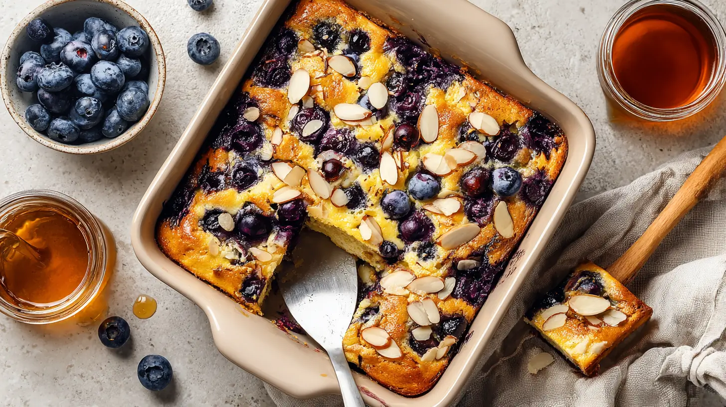 Overhead view of a golden blueberry almond cottage cheese breakfast bake in a square ceramic dish, topped with juicy baked blueberries and sliced almonds, with one square cut out on a spatula and bowls of fresh blueberries and maple syrup around it on a light stone surface.