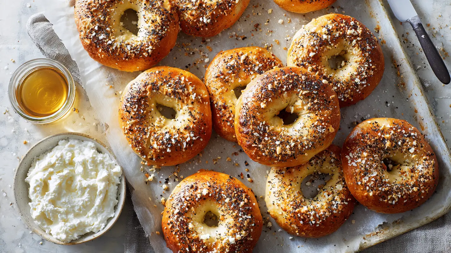 Overhead view of golden cottage cheese bagels on a parchment-lined baking sheet, each topped with everything bagel seasoning and flaky sea salt, with a bowl of whipped cottage cheese and a small jar of honey on the side for serving.
