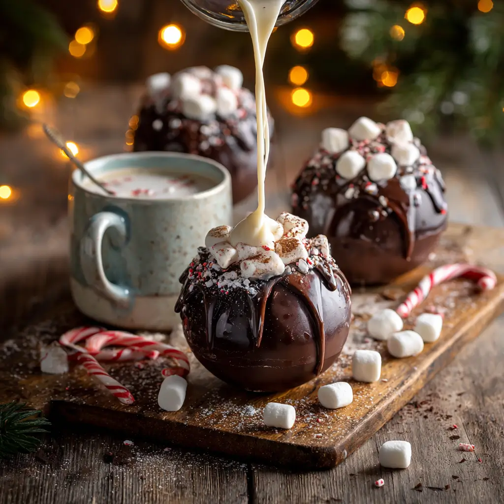 Cozy Christmas scene with glossy chocolate hot chocolate bombs topped with marshmallows and crushed candy canes on a wooden board, hot milk pouring over one bomb beside a mug of cocoa, twinkling holiday lights in the background.