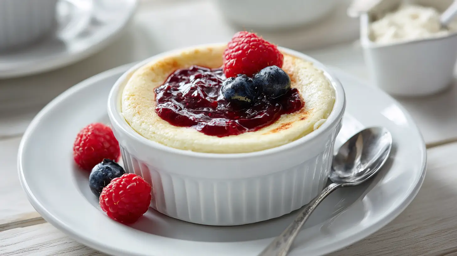 Single-serving high-protein cottage cheese cheesecake in a white ramekin, topped with glossy berry compote, fresh raspberries, and blueberries on a white plate with a spoon.
