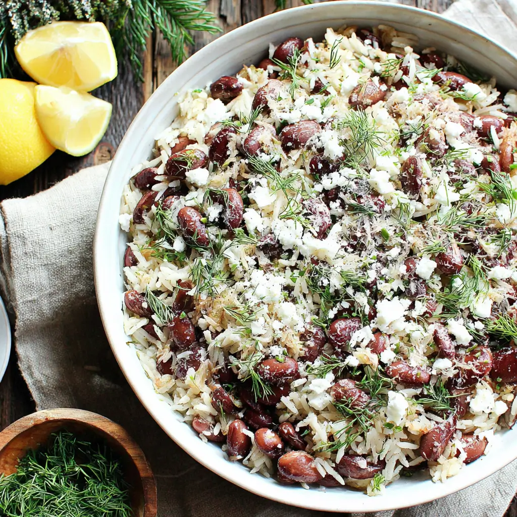 A close-up of a hearty Christmas lima bean recipe in a white bowl, topped with fluffy rice, crumbled feta, and fresh dill.