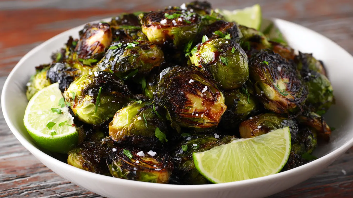 Crispy air fryer brussel sprouts with a glossy glaze and fresh lime wedges in a white bowl.