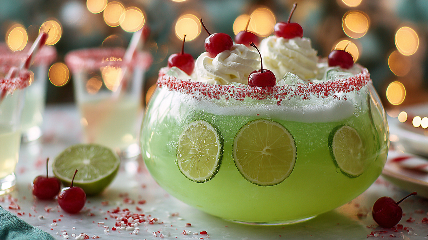 Festive close-up of a vibrant green Grinch punch in a large glass bowl, topped with whipped cream and cherries, with lime slices and red sprinkle rim for Christmas.