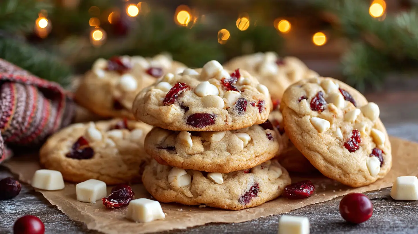 Festive close-up of chewy Christmas white chocolate cranberry cookies stacked on parchment paper, studded with white chocolate chunks and dried cranberries, with holiday lights and greenery in the background.