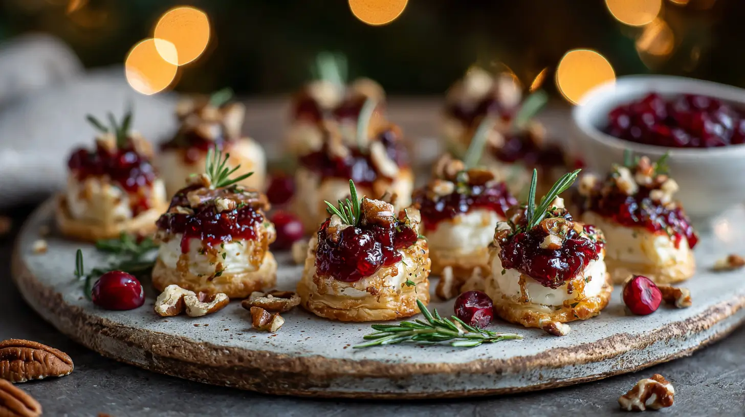 Gluten-free cranberry pecan brie bites on a rustic stone platter, each golden puff pastry cup topped with melted brie, glossy cranberry sauce, chopped toasted pecans, and a tiny rosemary sprig, with extra cranberries and nuts scattered around and warm Christmas lights in the background.