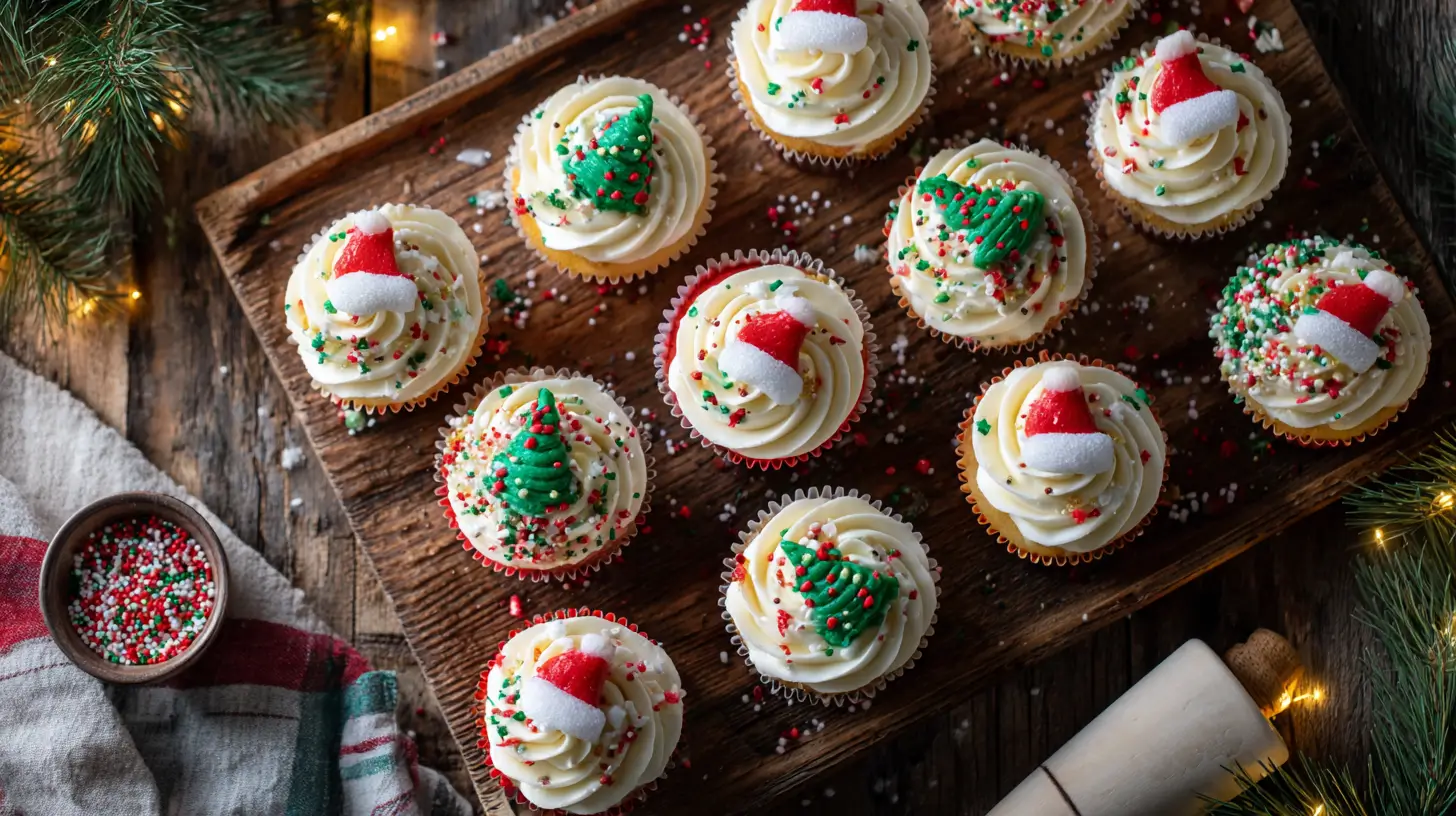 Festive overhead shot of a dozen Christmas cupcakes on a wooden tray, topped with white buttercream swirls, red and green sprinkles, and cute Santa hat and Christmas tree decorations.
