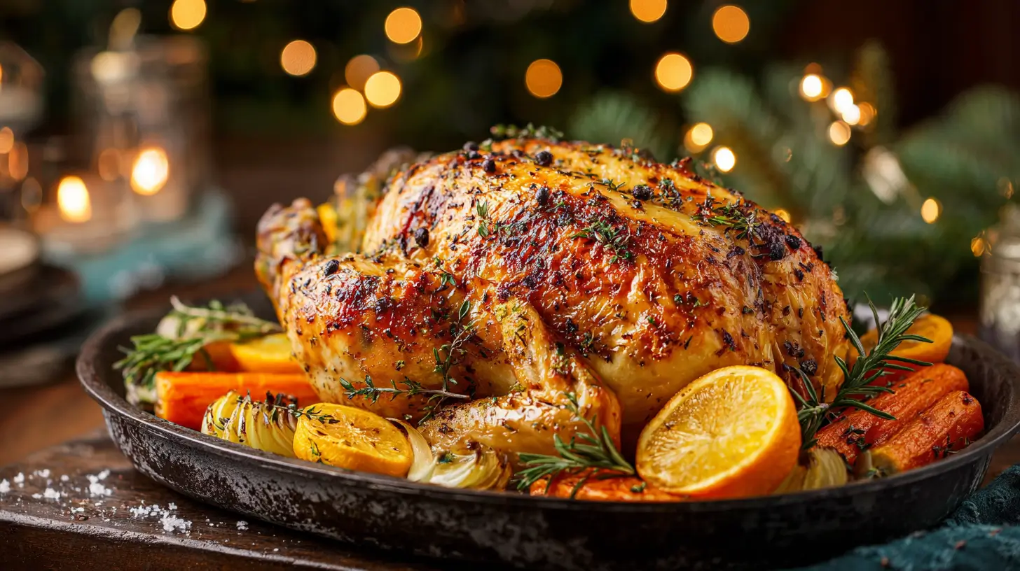 Golden roast Christmas chicken in a cast-iron pan with carrots, onions, lemon and orange slices, garnished with fresh rosemary and thyme, with blurred holiday lights in the background.