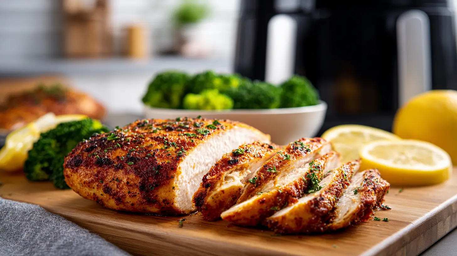 Juicy air fryer chicken breast sliced on a wooden cutting board with broccoli and lemon slices, in front of a black air fryer.
