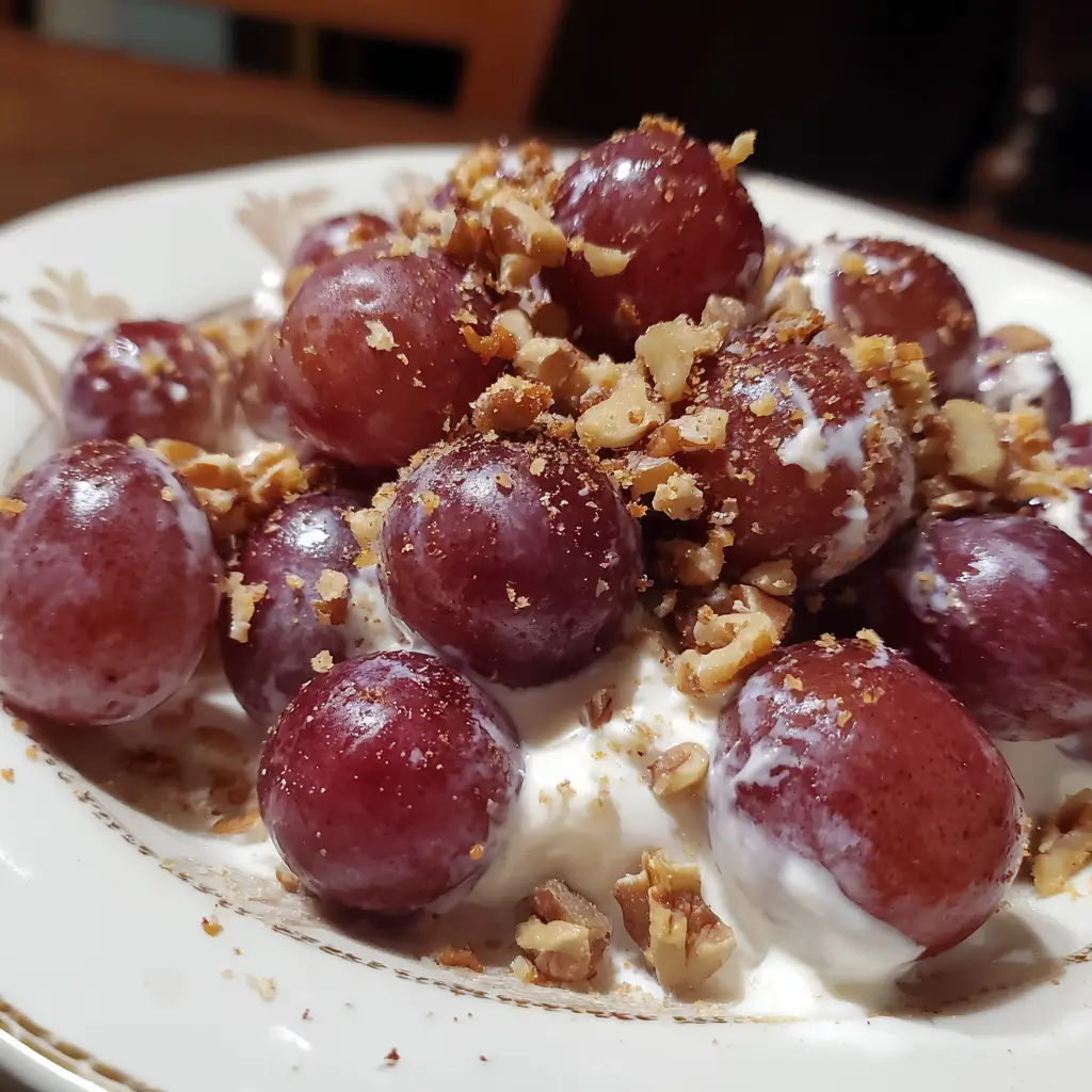 An appetizing close-up of a grape salad recipe, showcasing plump red grapes, creamy dressing, and crunchy walnuts in an elegant bowl.